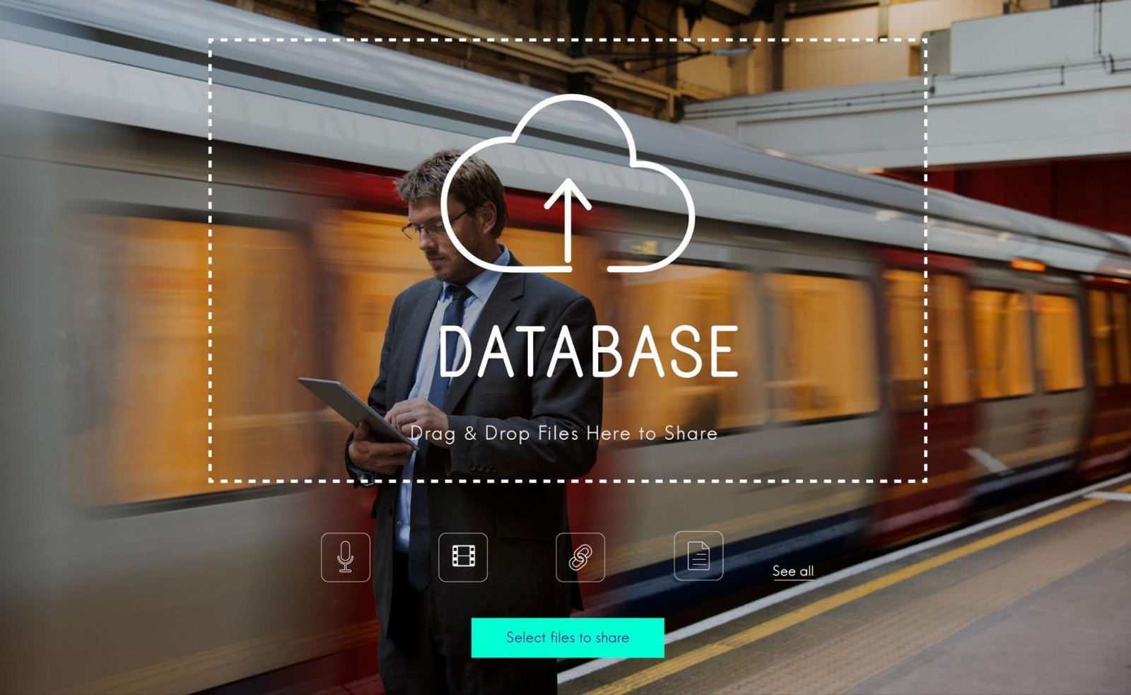Businessman using tablet with cloud database upload graphic overlay, symbolizing ecommerce platform subscription and server renewal.