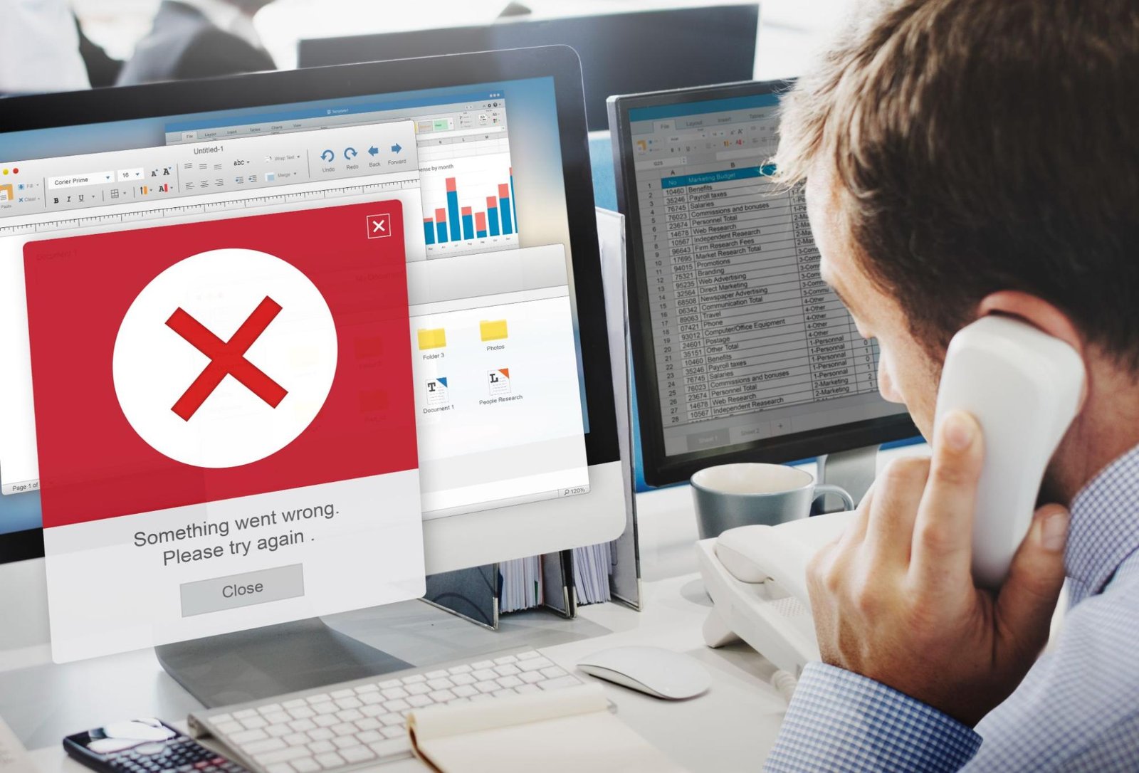 Frustrated professional on phone call after losing access to ad account and data on screen.