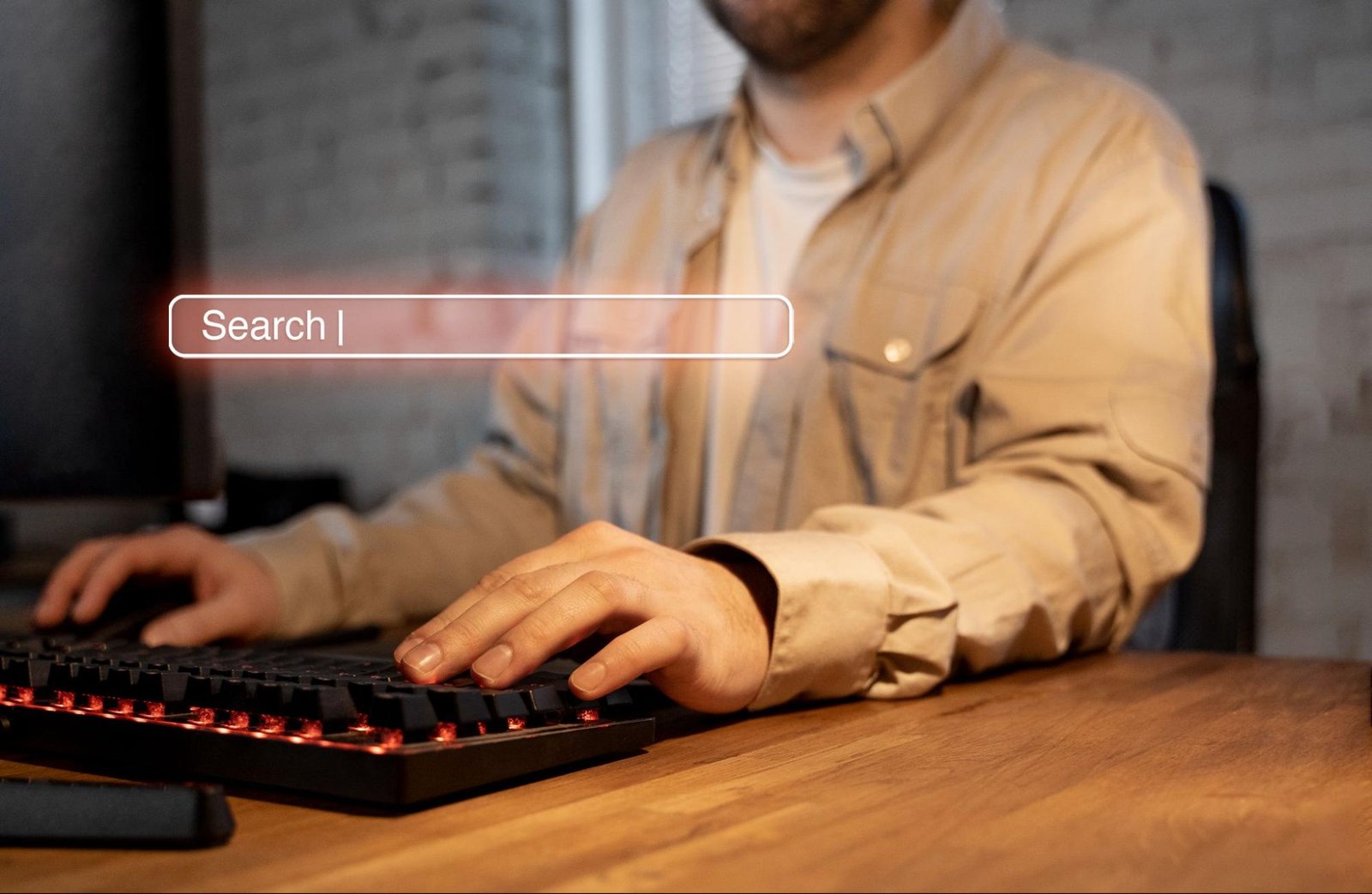 Person typing on keyboard with digital search bar overlay showing short keyword rich URL slugs for SEO.