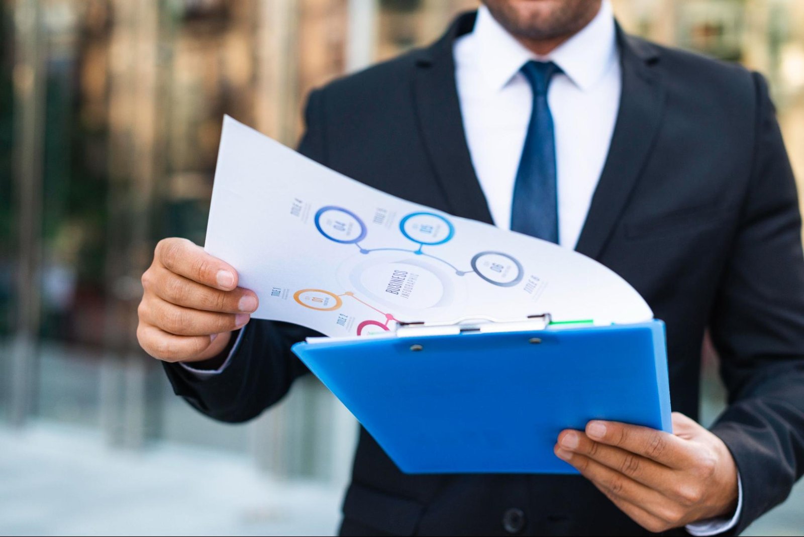 Business professional holding a process flowchart and clipboard, illustrating planning and contingency for ecommerce project scope changes.